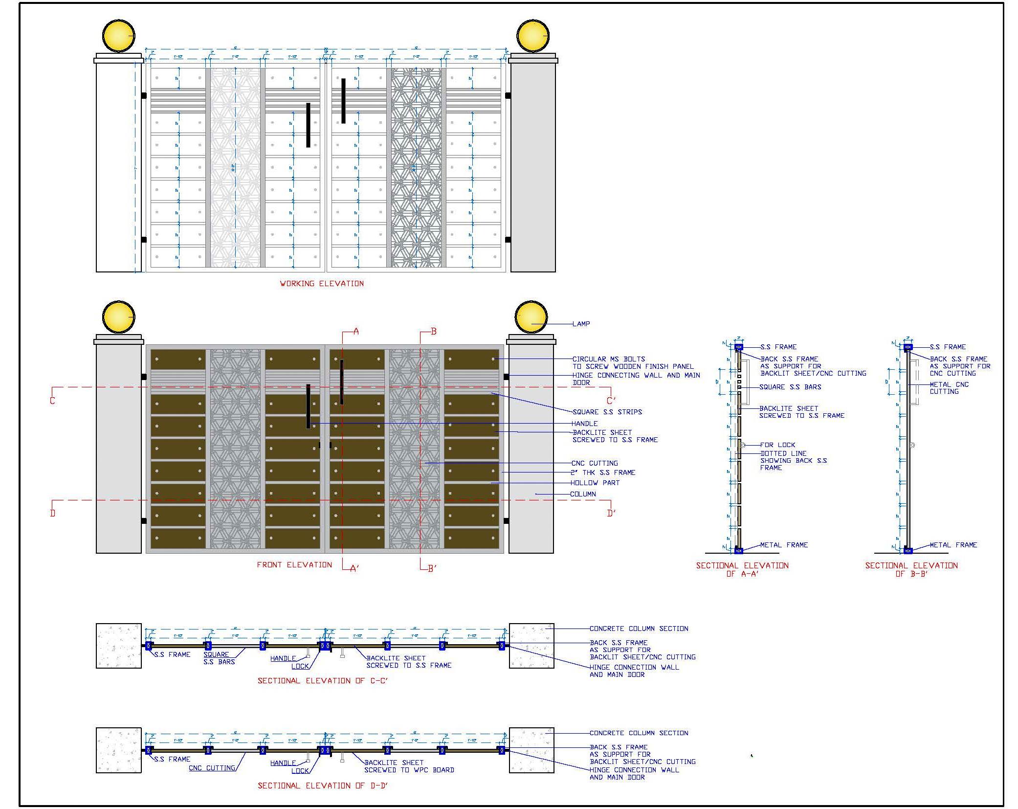 Detailed Main Gate CAD Drawing  Stainless Steel & Wood Design